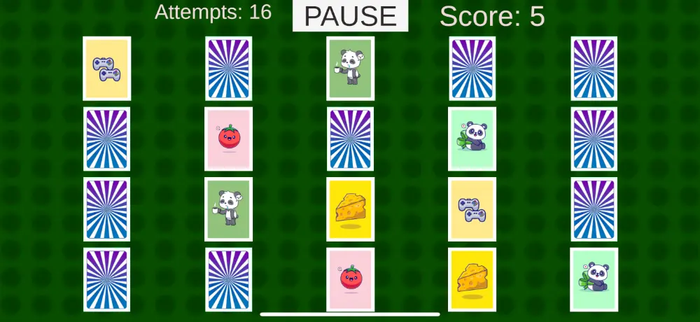 a image of main screen of game a board of cards to match couples